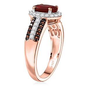D'Joy Mexican Cherry Fire Opal, White and Champagne Zircon 1.35 ctw Art Deco Ring in 18K Vermeil Rose Gold Over Sterling Silver (Size 10.0)