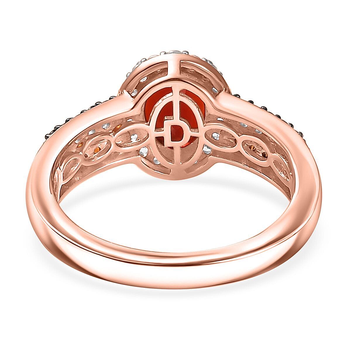 D'Joy Mexican Cherry Fire Opal, White and Champagne Zircon 1.35 ctw Art Deco Ring in 18K Vermeil Rose Gold Over Sterling Silver (Size 10.0) image number 4