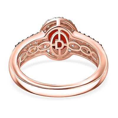D'Joy Mexican Cherry Fire Opal, White and Champagne Zircon 1.35 ctw Art Deco Ring in 18K Vermeil Rose Gold Over Sterling Silver (Size 10.0)