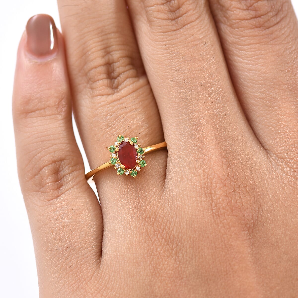 D'Joy Mexican Cherry Fire Opal and Multi Gemstone 0.50 ctw Classic Halo Ring in 18K Vermeil Yellow Gold Over Sterling Silver (Size 5.0) image number 2