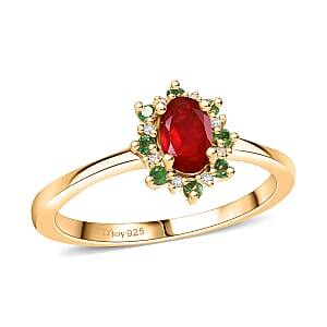 D'Joy Mexican Cherry Fire Opal and Multi Gemstone 0.50 ctw Classic Halo Ring in 18K Vermeil Yellow Gold Over Sterling Silver (Size 6.0)