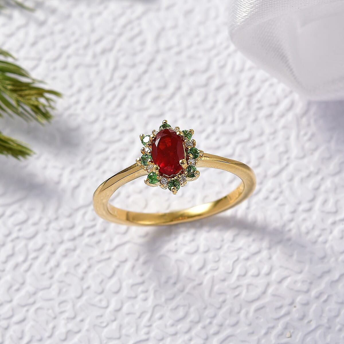 D'Joy Mexican Cherry Fire Opal and Multi Gemstone 0.50 ctw Classic Halo Ring in 18K Vermeil Yellow Gold Over Sterling Silver (Size 6.0) image number 1