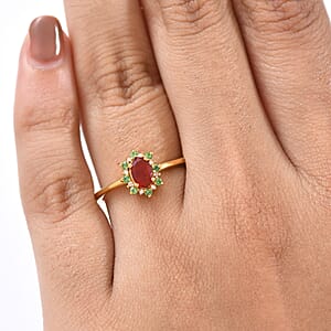 D'Joy Mexican Cherry Fire Opal and Multi Gemstone 0.50 ctw Classic Halo Ring in 18K Vermeil Yellow Gold Over Sterling Silver (Size 9.0)