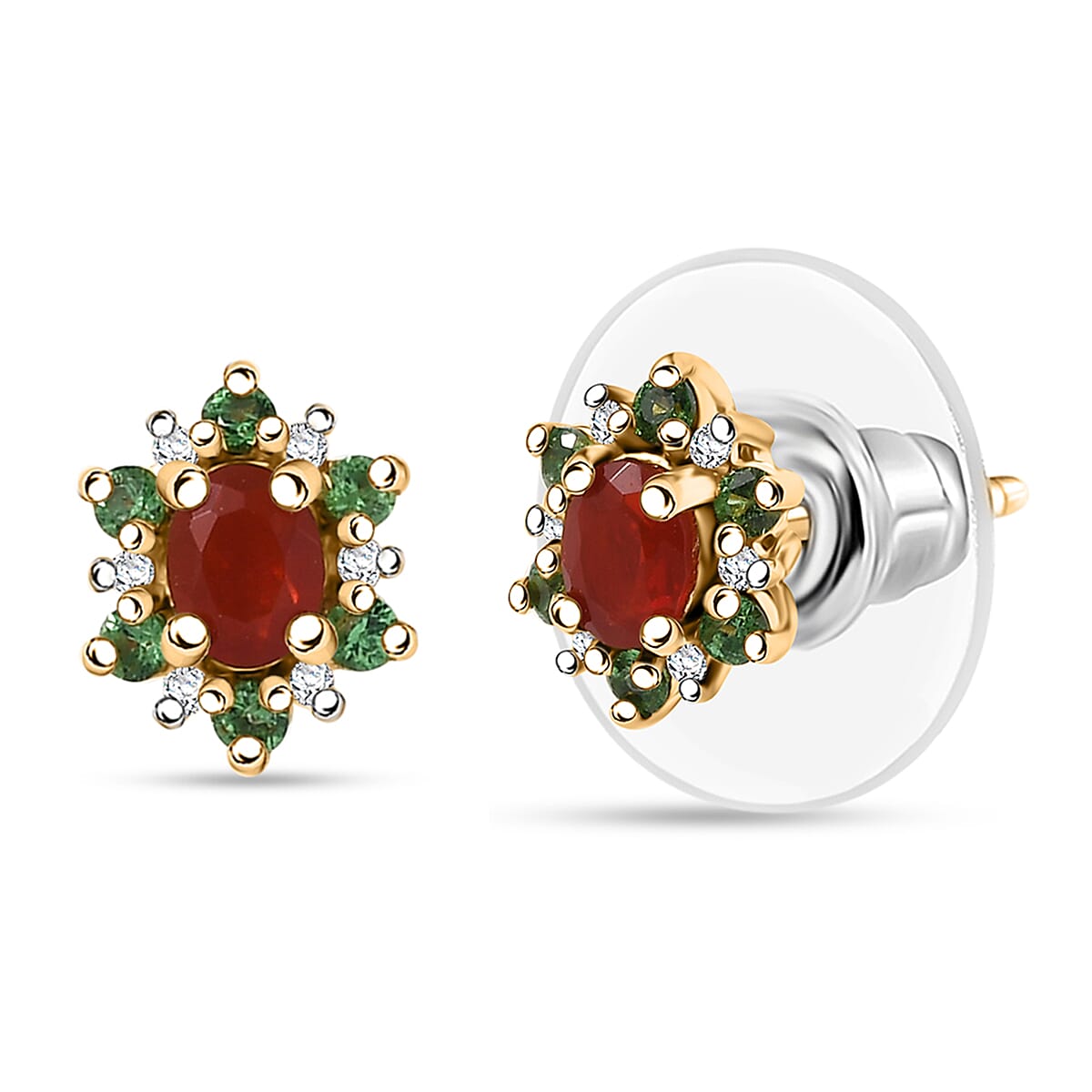 D'Joy Mexican Cherry Fire Opal and Multi Gemstone 0.50 ctw Classic Halo Earrings in 18K Vermeil Yellow Gold Over Sterling Silver image number 0