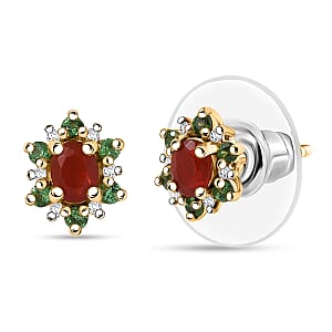 D'Joy Mexican Cherry Fire Opal and Multi Gemstone 0.50 ctw Classic Halo Earrings in 18K Vermeil Yellow Gold Over Sterling Silver