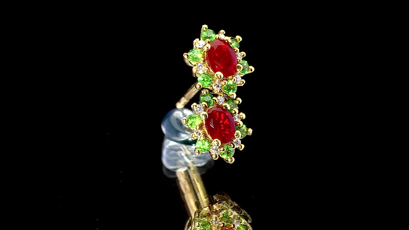 D'Joy Mexican Cherry Fire Opal and Multi Gemstone 0.50 ctw Classic Halo Earrings in 18K Vermeil Yellow Gold Over Sterling Silver