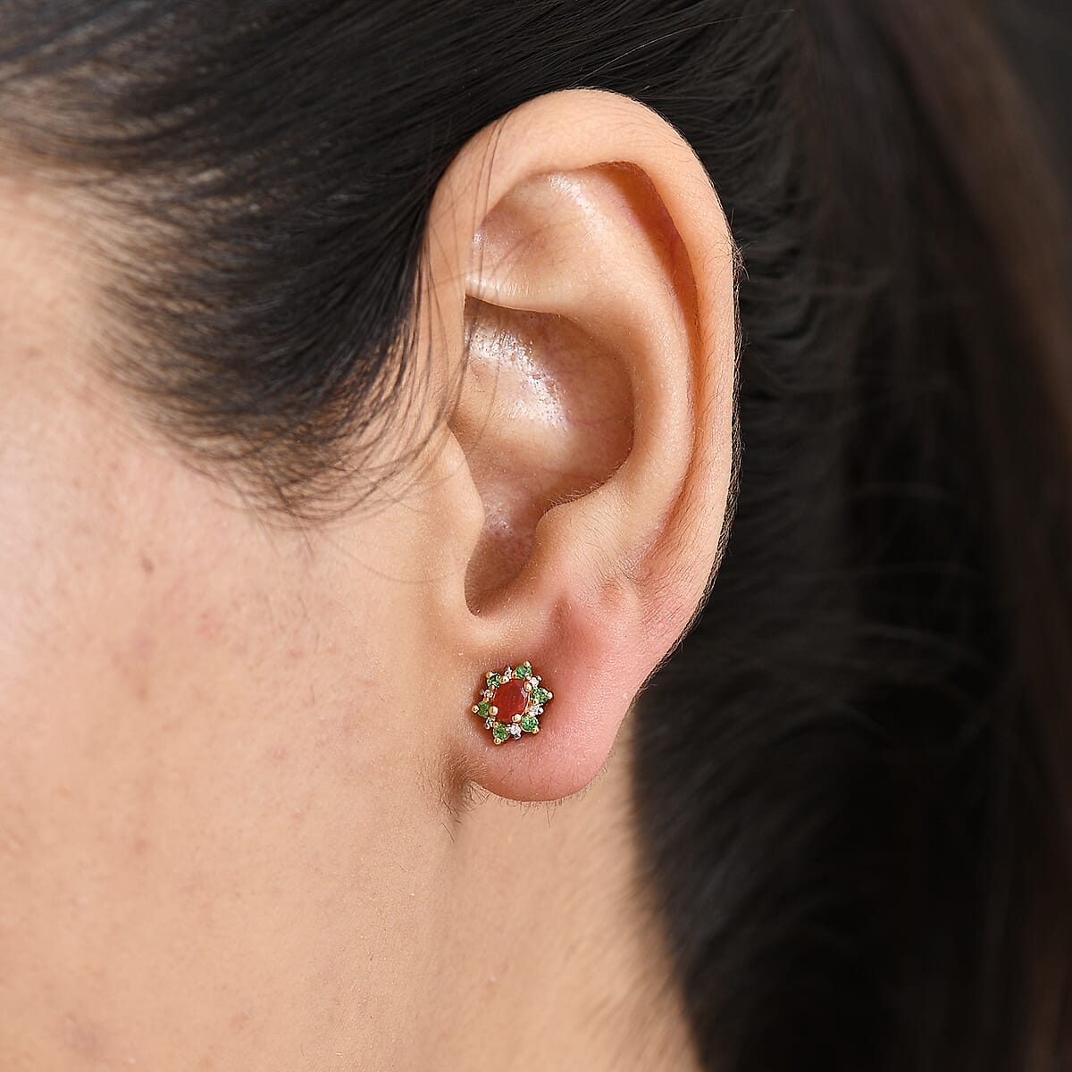 D'Joy Mexican Cherry Fire Opal and Multi Gemstone 0.50 ctw Classic Halo Earrings in 18K Vermeil Yellow Gold Over Sterling Silver image number 2