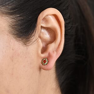 D'Joy Mexican Cherry Fire Opal and Multi Gemstone 0.50 ctw Classic Halo Earrings in 18K Vermeil Yellow Gold Over Sterling Silver