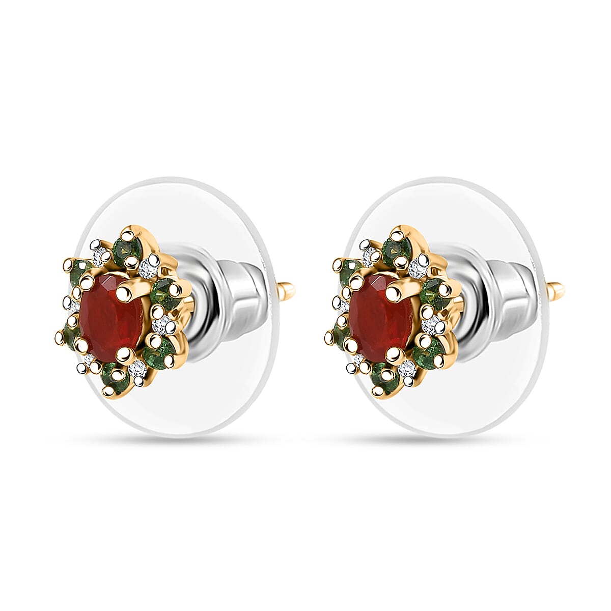 D'Joy Mexican Cherry Fire Opal and Multi Gemstone 0.50 ctw Classic Halo Earrings in 18K Vermeil Yellow Gold Over Sterling Silver image number 3