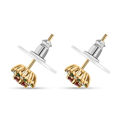 D'Joy Mexican Cherry Fire Opal and Multi Gemstone 0.50 ctw Classic Halo Earrings in 18K Vermeil Yellow Gold Over Sterling Silver