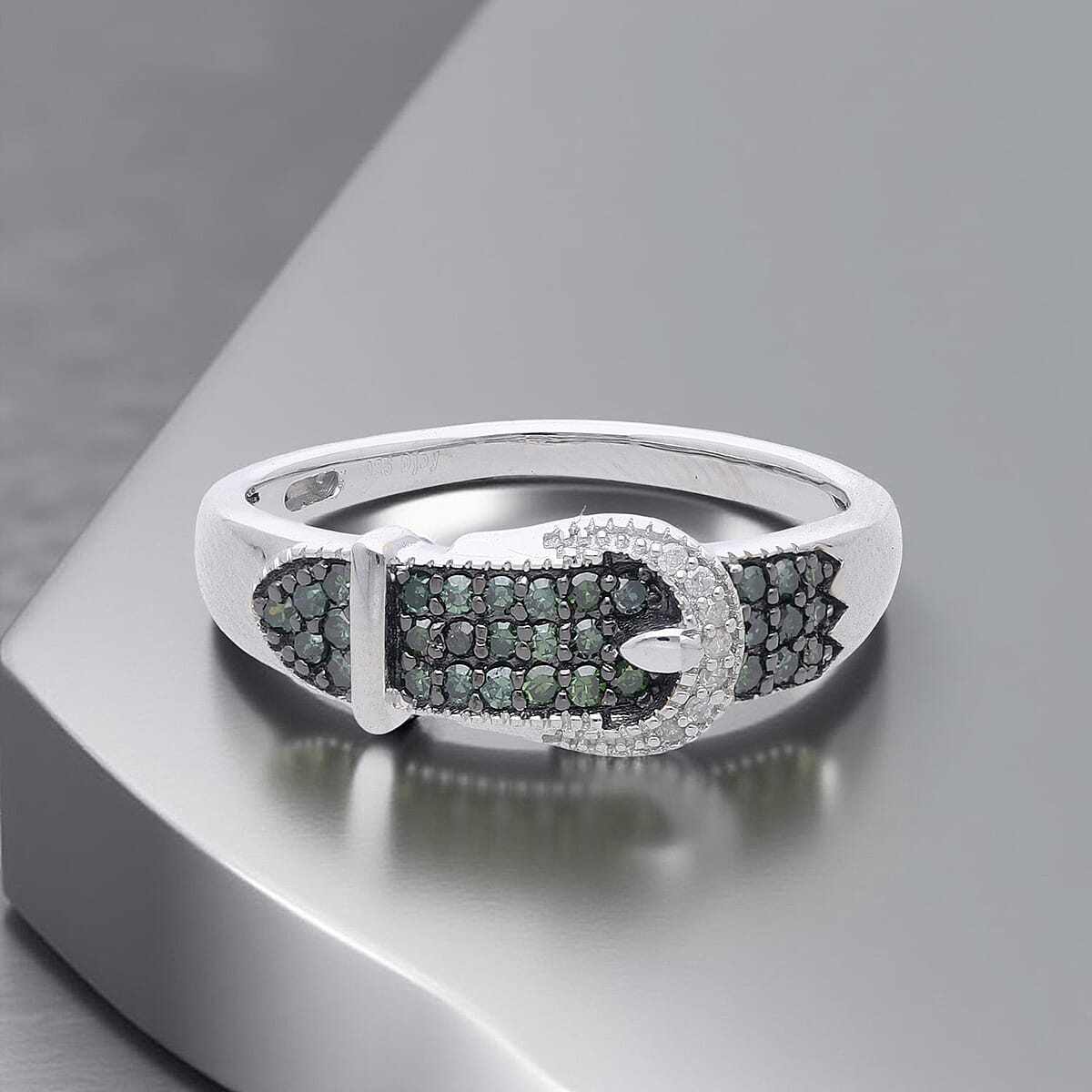 Doorbuster D'Joy Green and White Diamond 0.25 ctw Ring in Rhodium Over Sterling Silver (Size 8.0) image number 1