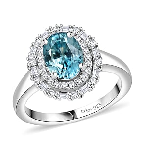 D'Joy Premium Cambodian Blue Zircon and Moissanite 2.90 ctw Crown Halo Ring in Rhodium Over Sterling Silver (Size 10.0)
