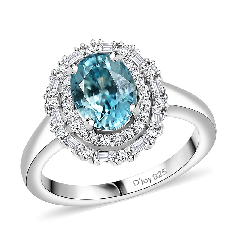 D'Joy Premium Cambodian Blue Zircon and Moissanite 2.90 ctw Crown Halo Ring in Rhodium Over Sterling Silver (Size 10.0)