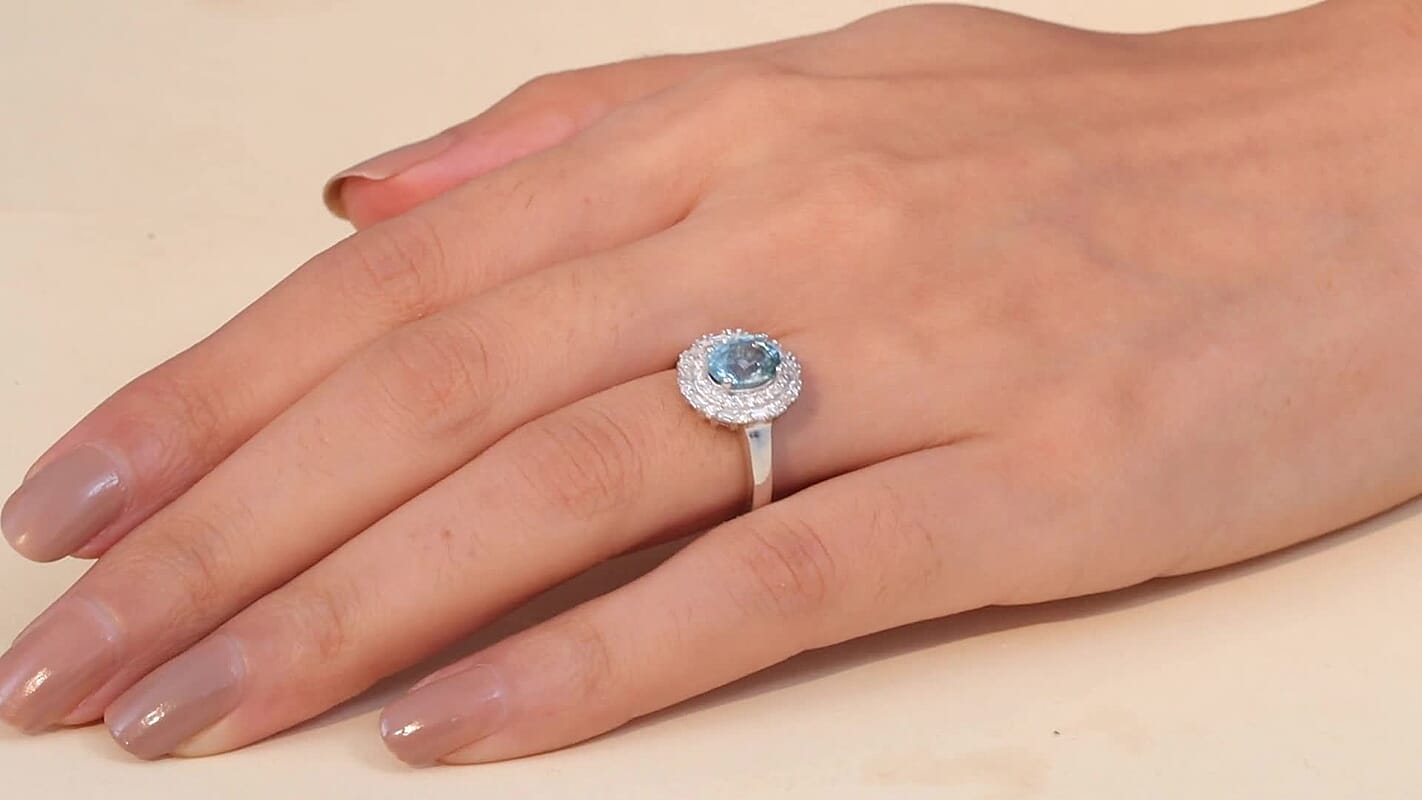 D'Joy Premium Cambodian Blue Zircon, Moissanite Ring in Rhodium Over Sterling Silver (Size 10.0) 2.90 ctw