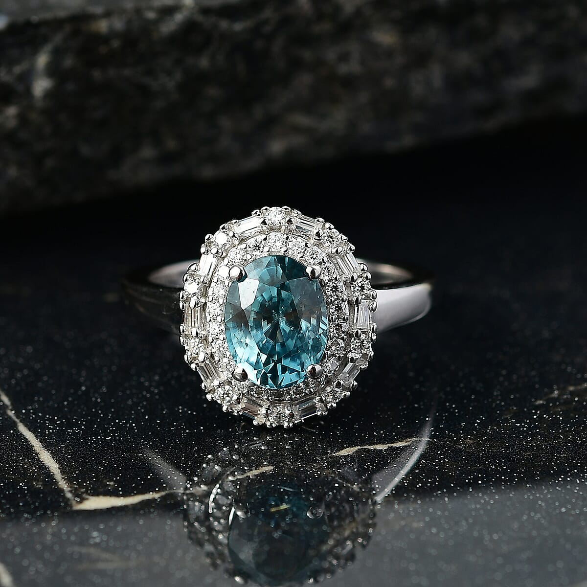 D'Joy Premium Cambodian Blue Zircon and Moissanite 2.90 ctw Crown Halo Ring in Rhodium Over Sterling Silver (Size 10.0) image number 1