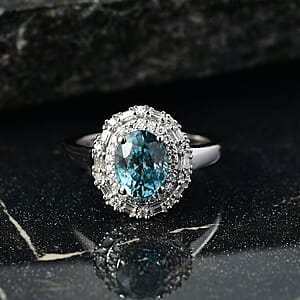 D'Joy Premium Cambodian Blue Zircon and Moissanite 2.90 ctw Crown Halo Ring in Rhodium Over Sterling Silver (Size 10.0)