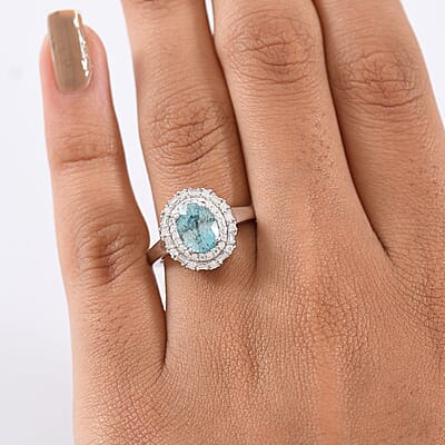 D'Joy Premium Cambodian Blue Zircon and Moissanite 2.90 ctw Crown Halo Ring in Rhodium Over Sterling Silver (Size 10.0)