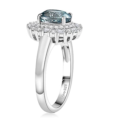 D'Joy Premium Cambodian Blue Zircon and Moissanite 2.90 ctw Crown Halo Ring in Rhodium Over Sterling Silver (Size 10.0)