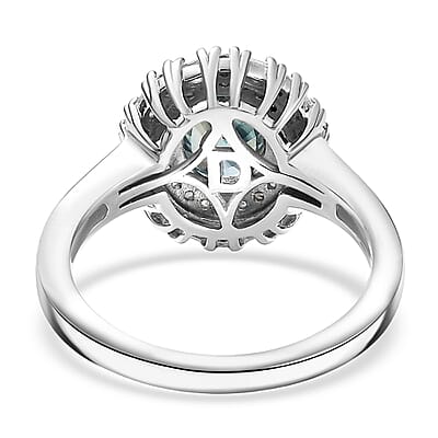 D'Joy Premium Cambodian Blue Zircon and Moissanite 2.90 ctw Crown Halo Ring in Rhodium Over Sterling Silver (Size 10.0)