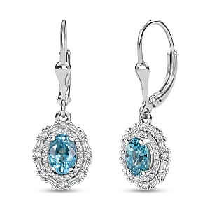 D'Joy Premium Camboidan Blue Zircon and Moissanite 3.25 ctw Crown Halo Earrings in Rhodium Over Sterling Silver