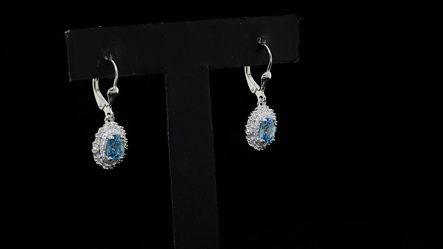 D'Joy Premium Camboidan Blue Zircon and Moissanite 3.25 ctw Crown Halo Earrings in Rhodium Over Sterling Silver
