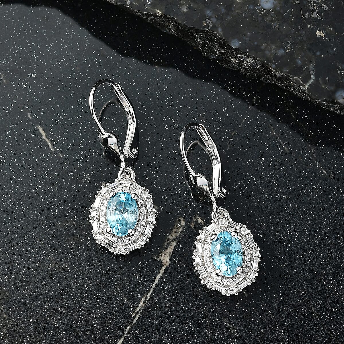 D'Joy Premium Camboidan Blue Zircon and Moissanite 3.25 ctw Crown Halo Earrings in Rhodium Over Sterling Silver image number 1