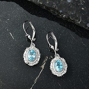 D'Joy Premium Camboidan Blue Zircon and Moissanite 3.25 ctw Crown Halo Earrings in Rhodium Over Sterling Silver