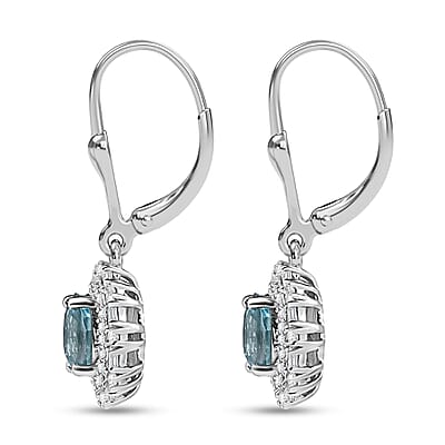 D'Joy Premium Camboidan Blue Zircon and Moissanite 3.25 ctw Crown Halo Earrings in Rhodium Over Sterling Silver