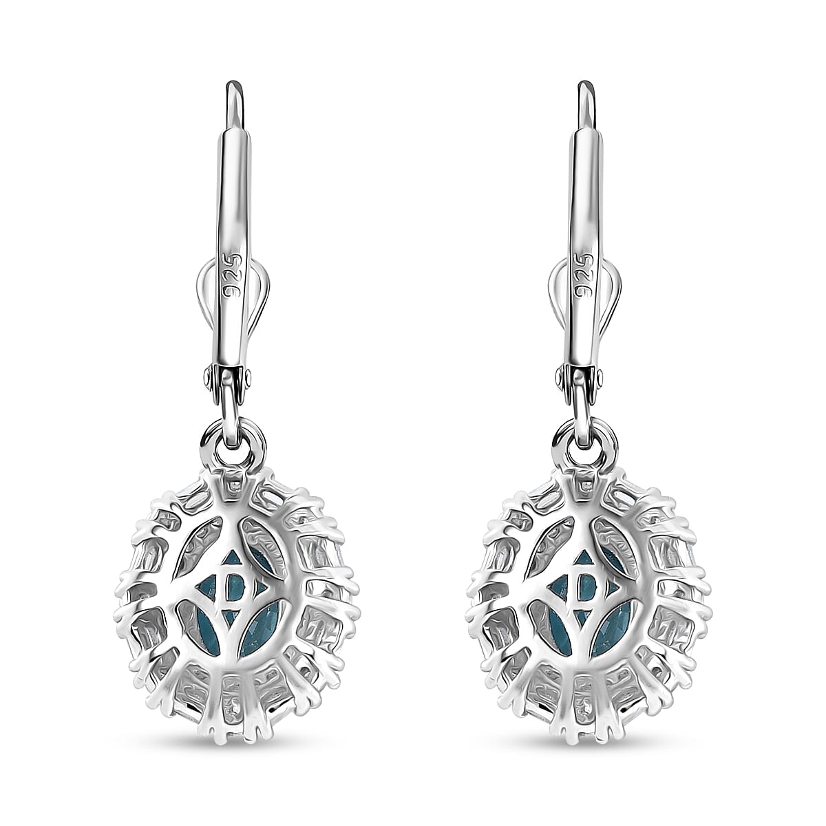D'Joy Premium Camboidan Blue Zircon and Moissanite 3.25 ctw Crown Halo Earrings in Rhodium Over Sterling Silver image number 4
