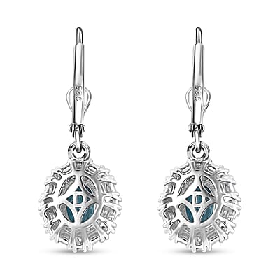 D'Joy Premium Camboidan Blue Zircon and Moissanite 3.25 ctw Crown Halo Earrings in Rhodium Over Sterling Silver