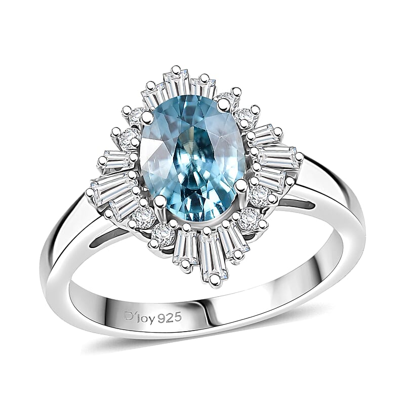 D'Joy Premium Cambodian Blue Zircon and Moissanite 2.60 ctw Royal Flare Ring in Rhodium Over Sterling Silver (Size 10.0)