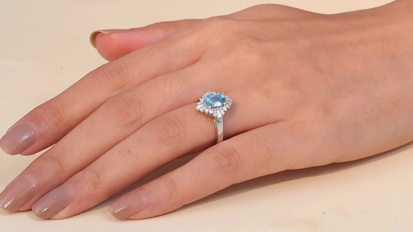 D'Joy Premium Cambodian Blue Zircon, Moissanite Ring in Rhodium Over Sterling Silver (Size 10.0) 2.60 ctw