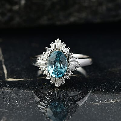 D'Joy Premium Cambodian Blue Zircon and Moissanite 2.60 ctw Royal Flare Ring in Rhodium Over Sterling Silver (Size 10.0)