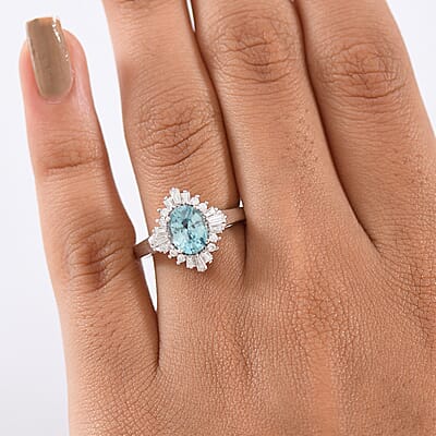 D'Joy Premium Cambodian Blue Zircon and Moissanite 2.60 ctw Royal Flare Ring in Rhodium Over Sterling Silver (Size 10.0)