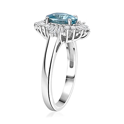D'Joy Premium Cambodian Blue Zircon and Moissanite 2.60 ctw Royal Flare Ring in Rhodium Over Sterling Silver (Size 10.0)