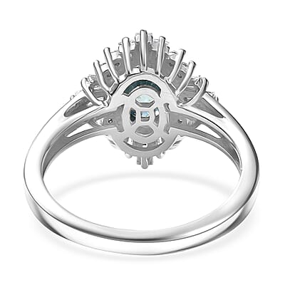 D'Joy Premium Cambodian Blue Zircon and Moissanite 2.60 ctw Royal Flare Ring in Rhodium Over Sterling Silver (Size 10.0)