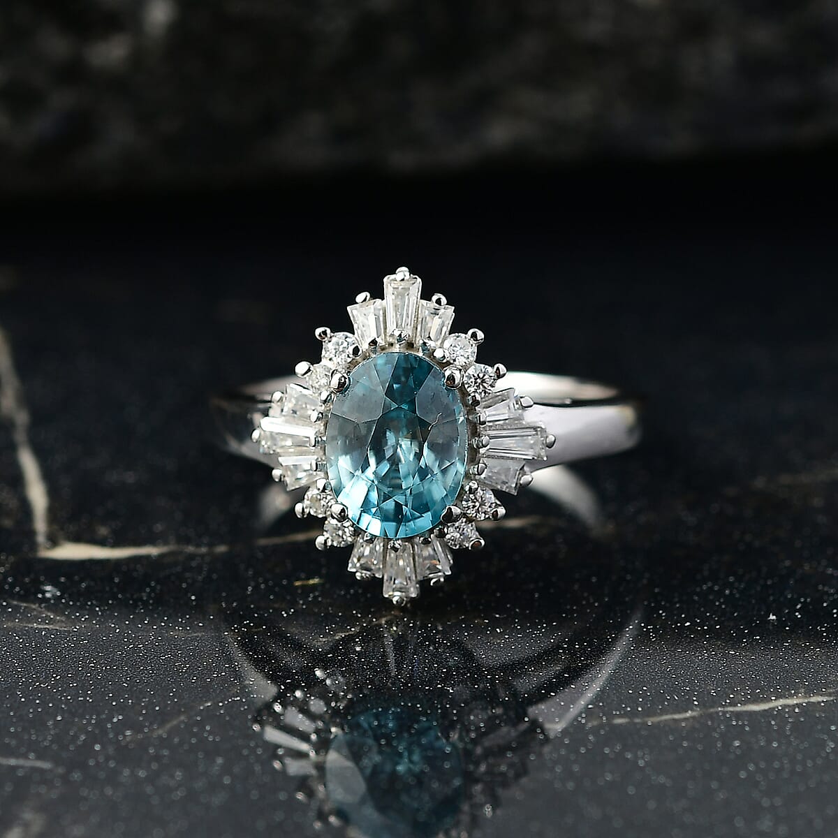 D'Joy Premium Cambodian Blue Zircon and Moissanite 2.60 ctw Royal Flare Ring in Rhodium Over Sterling Silver (Size 5.0) image number 1
