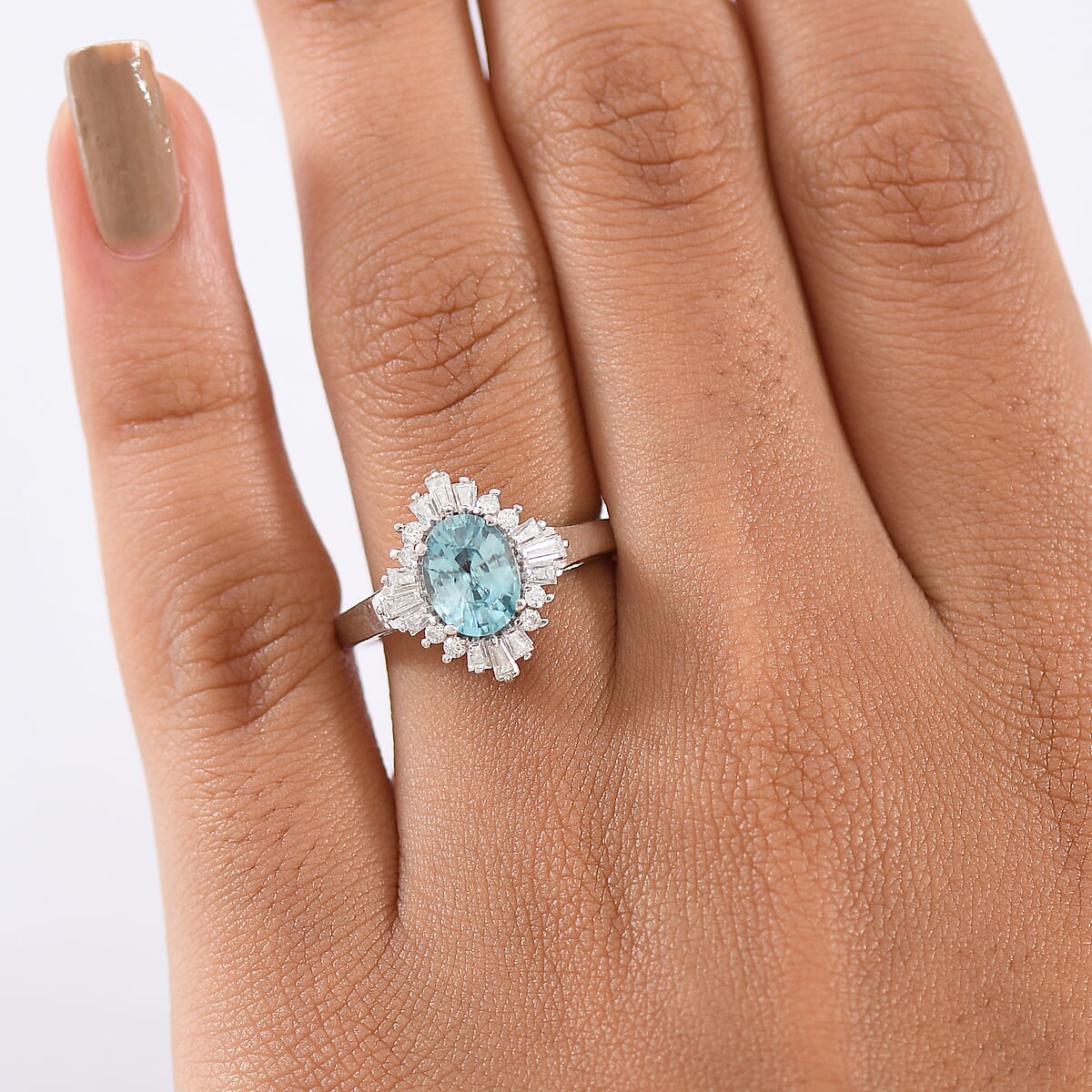 D'Joy Premium Cambodian Blue Zircon and Moissanite 2.60 ctw Royal Flare Ring in Rhodium Over Sterling Silver (Size 5.0) image number 2