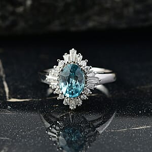 D'Joy Premium Cambodian Blue Zircon and Moissanite 2.60 ctw Royal Flare Ring in Rhodium Over Sterling Silver (Size 6.0)