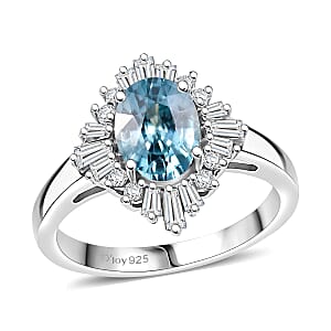 D'Joy Premium Cambodian Blue Zircon and Moissanite 2.60 ctw Royal Flare Ring in Rhodium Over Sterling Silver (Size 7.0)