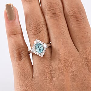 D'Joy Premium Cambodian Blue Zircon and Moissanite 2.60 ctw Royal Flare Ring in Rhodium Over Sterling Silver (Size 8.0)