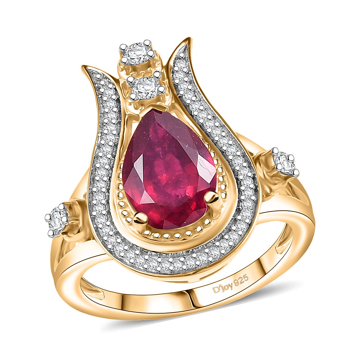 D'Joy Passport to Israel Niassa Ruby (FF) and White Zircon 3.50 ctw Ring in 18K Vermeil Yellow Gold Over Sterling Silver (Size 10.0) image number 0