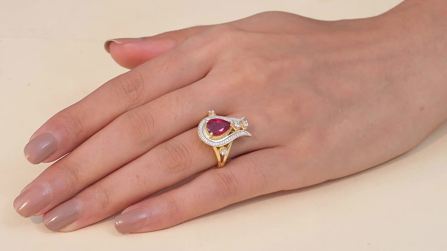 D'Joy Passport to Israel Niassa Ruby (FF), White Zircon Ring in 18K Vermeil YG Sterling Silver (Size 10.0) 3.50 ctw