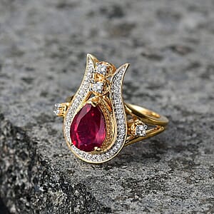 D'Joy Passport to Israel Niassa Ruby (FF) and White Zircon 3.50 ctw Ring in 18K Vermeil Yellow Gold Over Sterling Silver (Size 10.0)