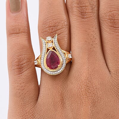 D'Joy Passport to Israel Niassa Ruby (FF) and White Zircon 3.50 ctw Ring in 18K Vermeil Yellow Gold Over Sterling Silver (Size 10.0)