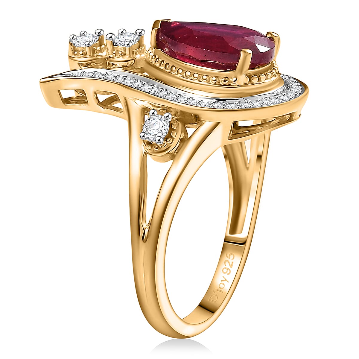 D'Joy Passport to Israel Niassa Ruby (FF) and White Zircon 3.50 ctw Ring in 18K Vermeil Yellow Gold Over Sterling Silver (Size 6.0) image number 3