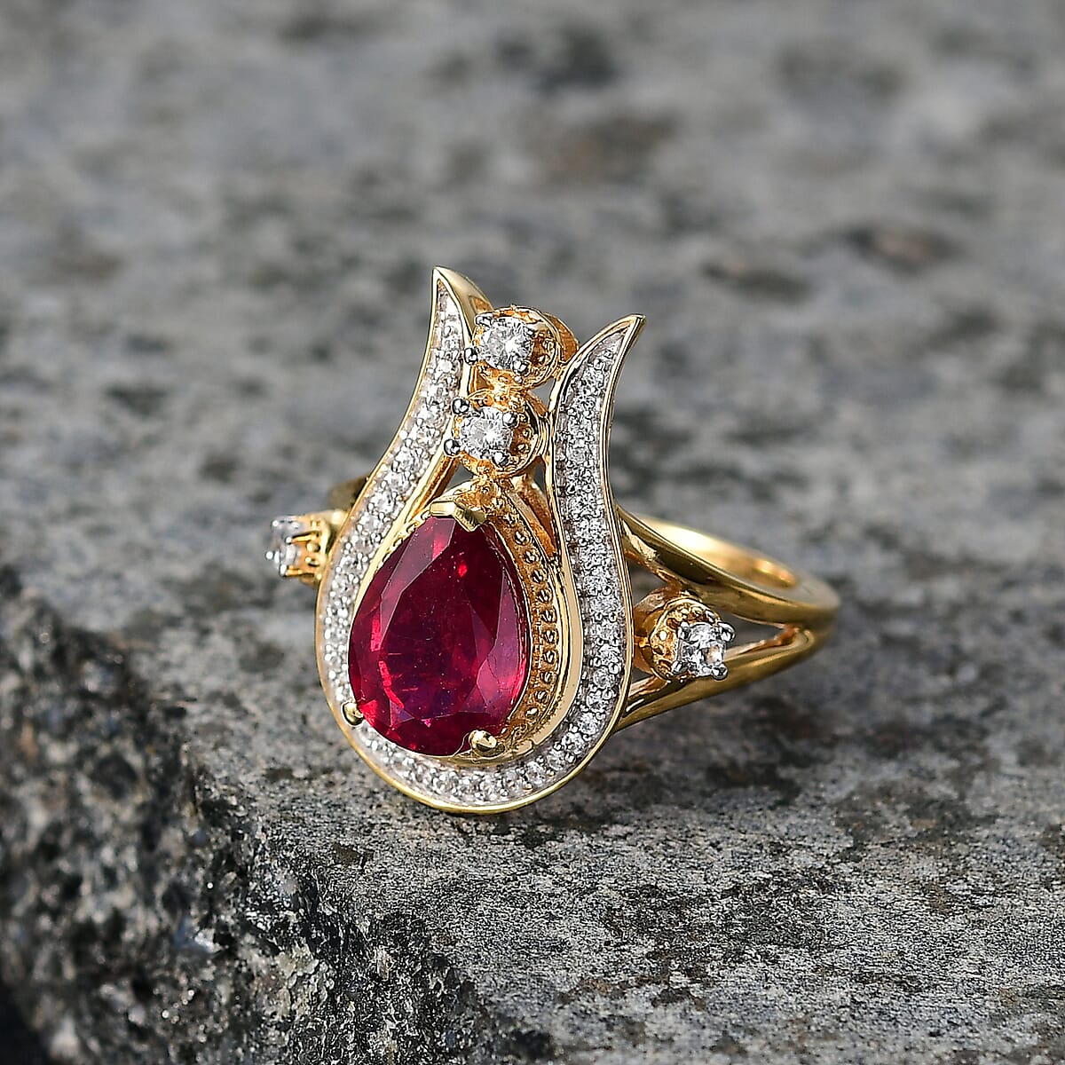 D'Joy Passport to Israel Niassa Ruby (FF) and White Zircon 3.50 ctw Ring in 18K Vermeil Yellow Gold Over Sterling Silver (Size 9.0) image number 1