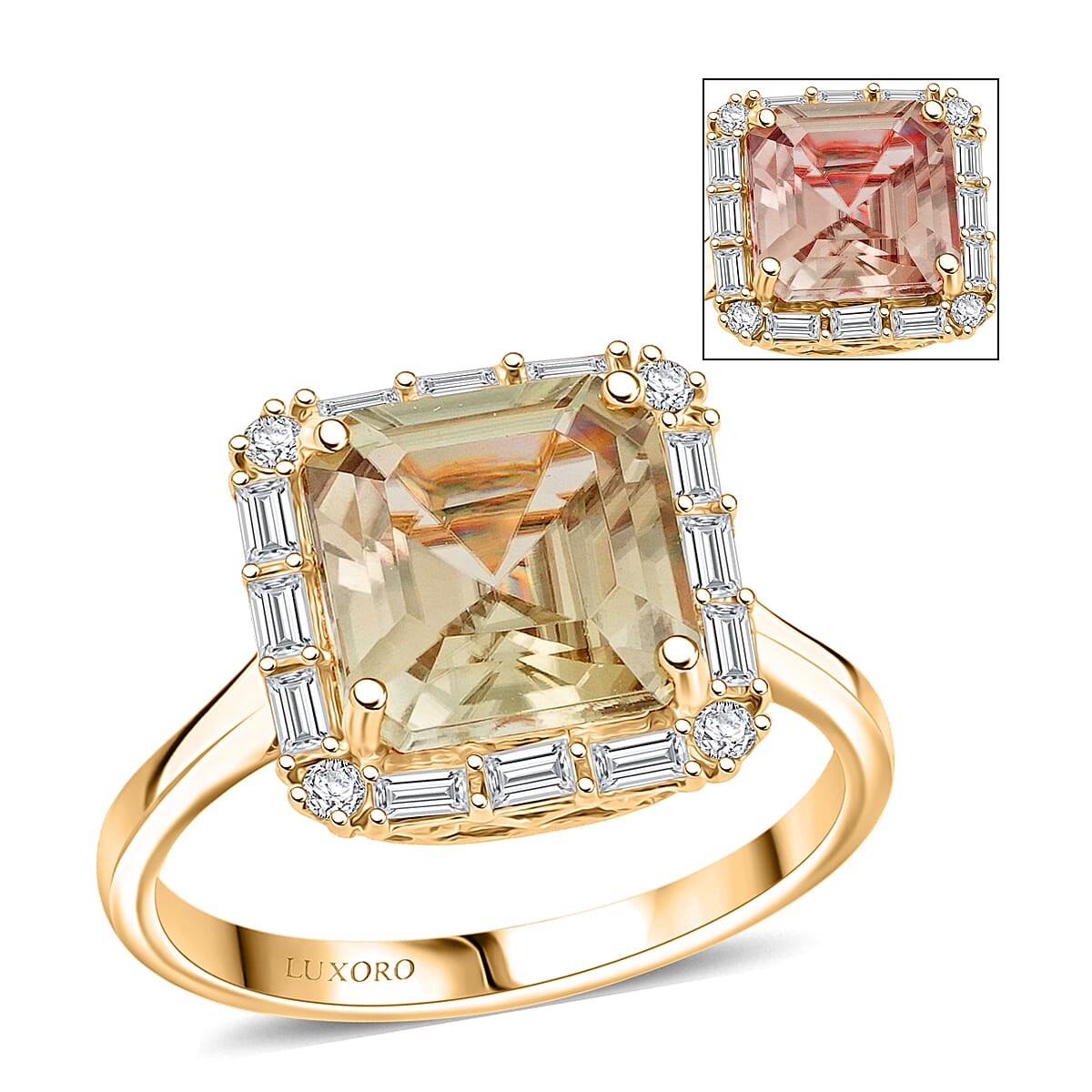 Certified & Appraised Luxoro Asscher Cut AAA Turkizite and G-H I2 Diamond 4.50 ctw Ring in 10K Yellow Gold (Size 6.0)  image number 0