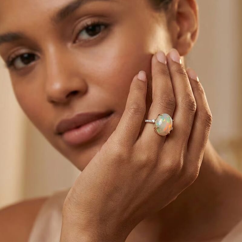 Luxoro AAA Ethiopian Welo Opal and Diamond I2 7.40 ctw Ring in 10K Yellow Gold (Size 6.5)
