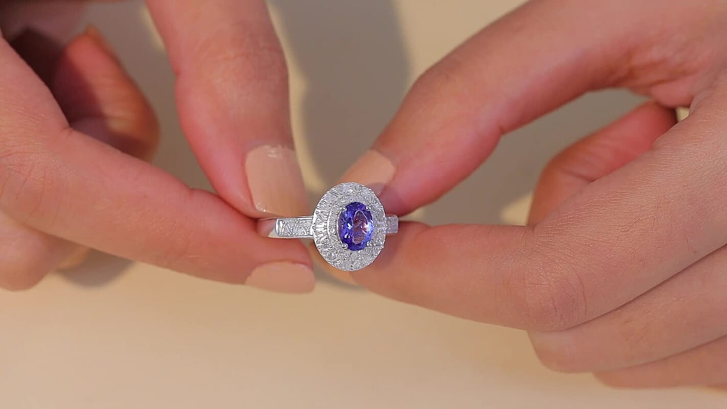 D'Joy Tanzanite, Diamond (0.50 cts) Ring in Rhodium Over Sterling Silver (Size 10.0) 1.70 ctw
